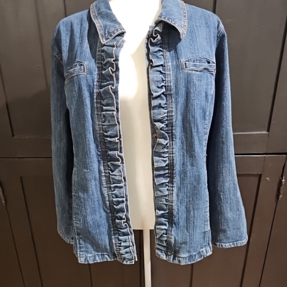 Women’s Blue Denim Ruffle-Trim Jacket
